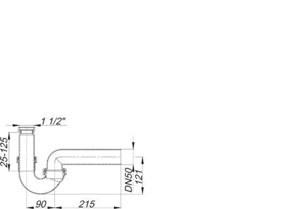 Dallmer Siphon mit gebogenem Rohr, Anschlüsse und Maße schematisch dargestellt. Verwendungszweck für Abwasserableitung in Sanitäranlagen.