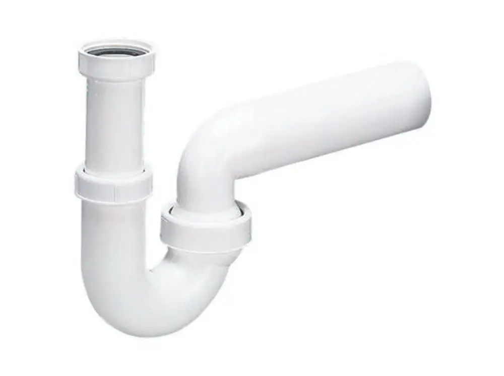 Weißer Röhren-Siphon von Dallmer mit gekrümmter Form und zwei anschlussfertigen Verbindungselementen, geeignet für den Einsatz in Abwassersystemen.