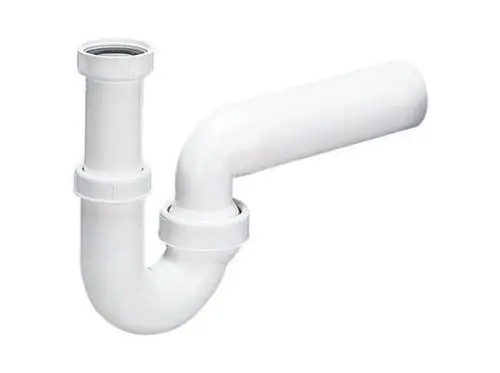 Weißer Röhren-Siphon von Dallmer mit gekrümmter Form und zwei anschlussfertigen Verbindungselementen, geeignet für den Einsatz in Abwassersystemen.