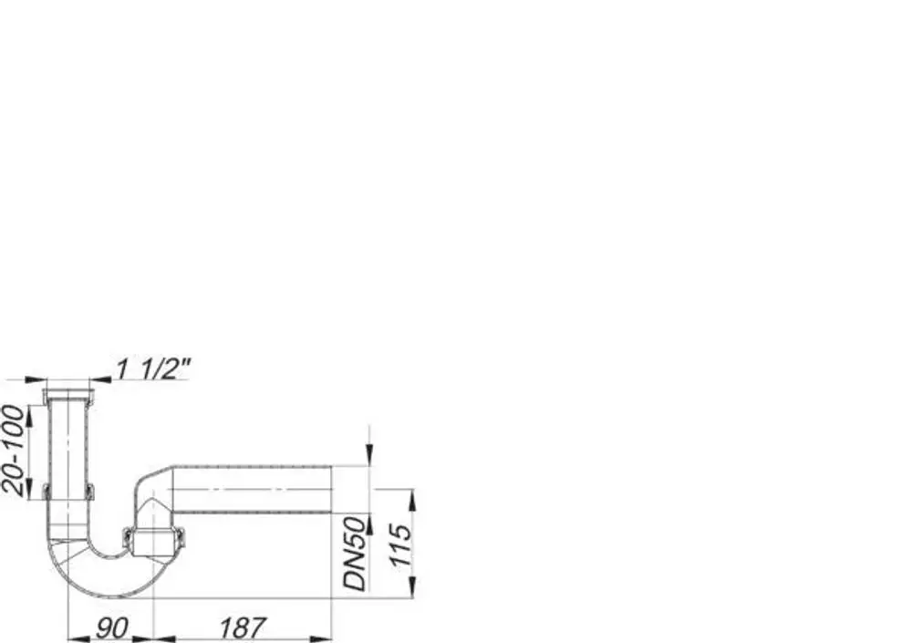 Dallmer Siphon mit gebogenem Rohr, Anschlussstück und verschiedenen Messpunkten. Diagramm zeigt die Maße und Positionen der Anschlüsse.