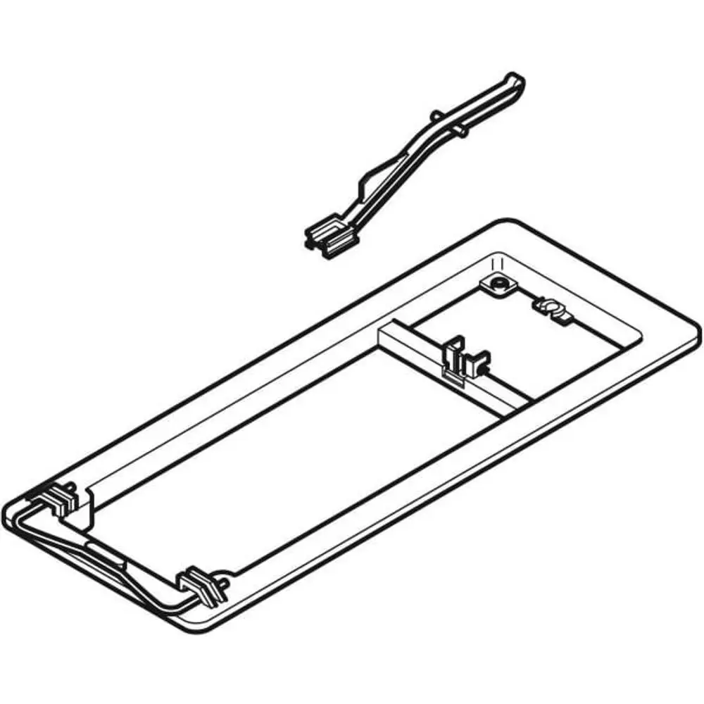 Umbauset von Geberit, bestehend aus einer rechteckigen Plattform und einem Montageelement. Geeignet für die Betätigung von oben.