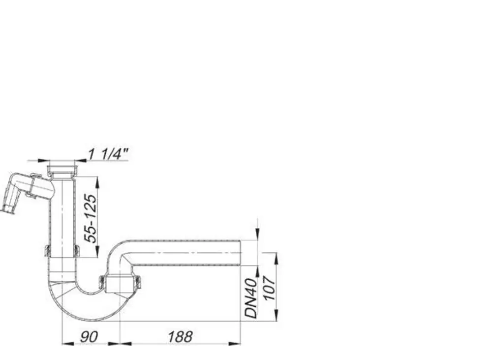 Dallmer Siphon mit gebogenen Rohren, internen Durchmessern und einem Anschluss für Abwasser, skizziert in technischer Zeichnung.