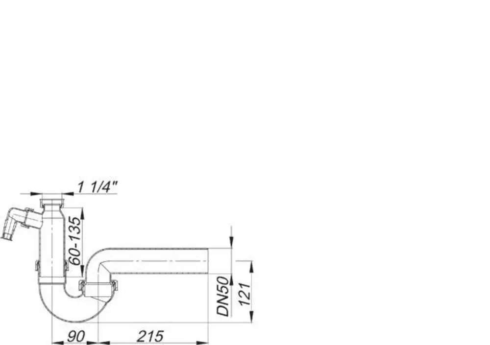 Dallmer Siphon mit Rohrsystem, senkrechter Anschluss, sichtbare Maße und Anschlussstellen, geeignet für Abwasserentsorgung.