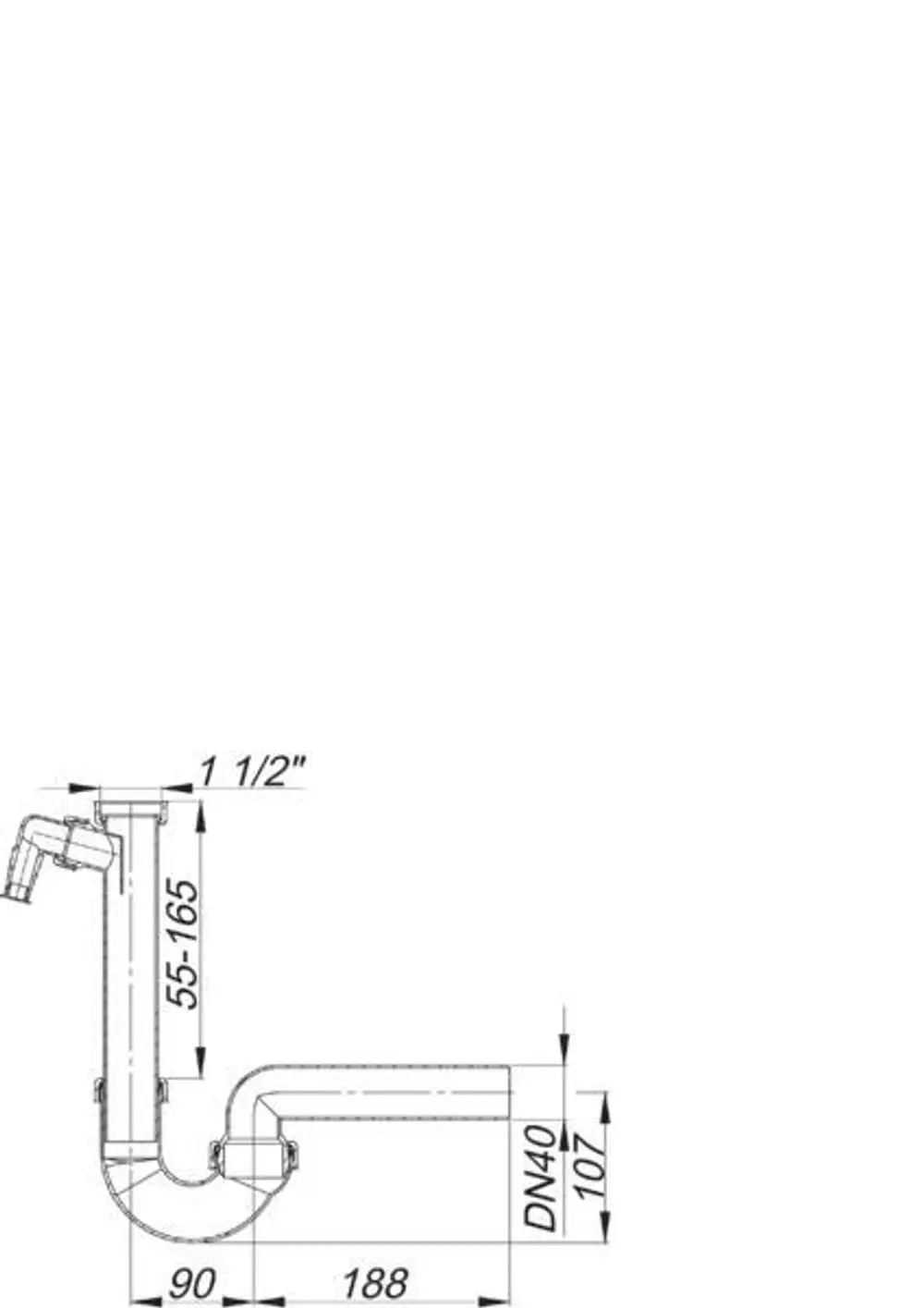 Schematische Darstellung eines Dallmer Röhren-Siphons mit verschiedenen Anschlussmaßen und einem gebogenen Ablauf in seitlicher Ansicht.