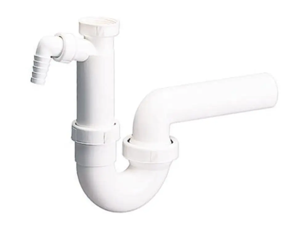 Weißer Siphon von Dallmer mit gebogenem Rohr und Wasserablauf, gestaltet für die Verbindung von Sanitäranlagen.