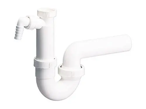 Weißer Siphon von Dallmer mit gebogenem Rohr und Wasserablauf, gestaltet für die Verbindung von Sanitäranlagen.