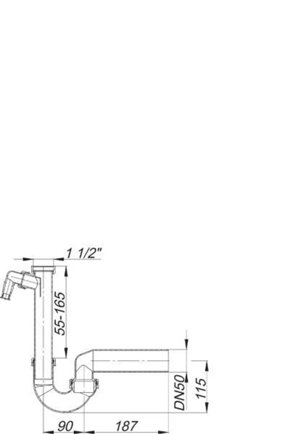 Dallmer Siphon mit gewinkeltem Ablauf, Rohrführung und integrierter Prüfschraube. Maße und spezifische Details sind auf dem Bild dargestellt.