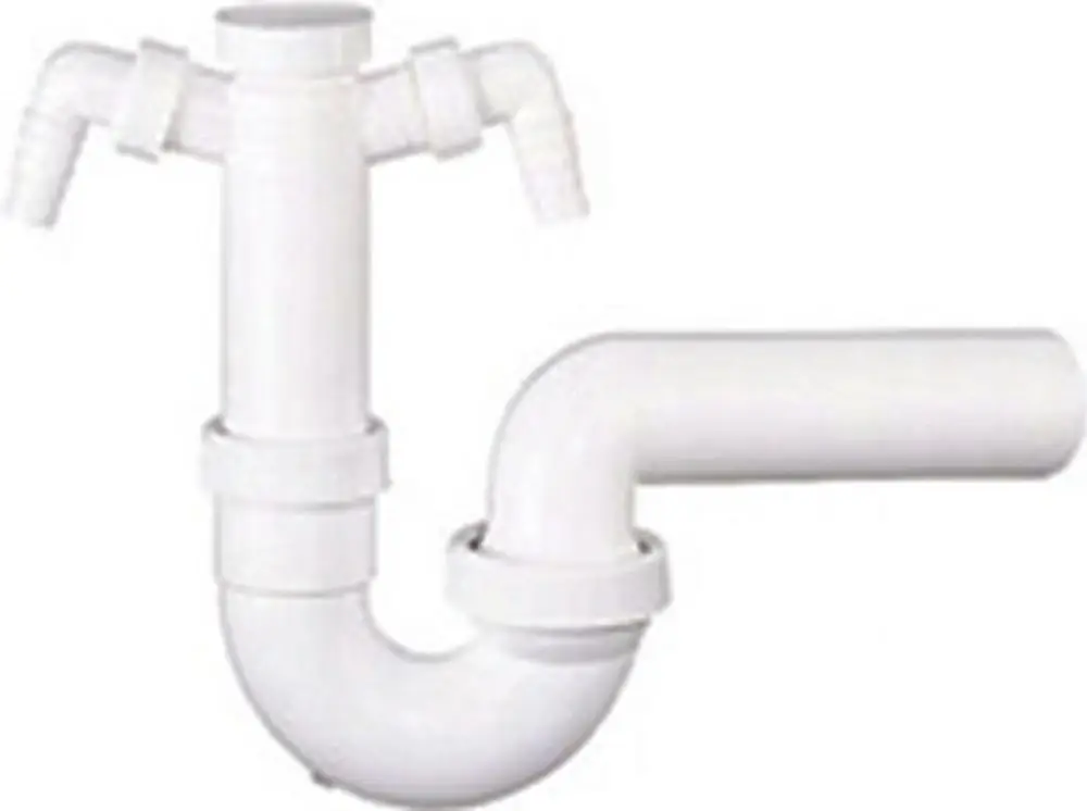 Dallmer Siphon in Weiß mit gebogenen Rohren und zwei seitlichen Ausgängen zur Abwasserableitung.