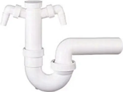 Dallmer Siphon in Weiß mit gebogenen Rohren und zwei seitlichen Ausgängen zur Abwasserableitung.