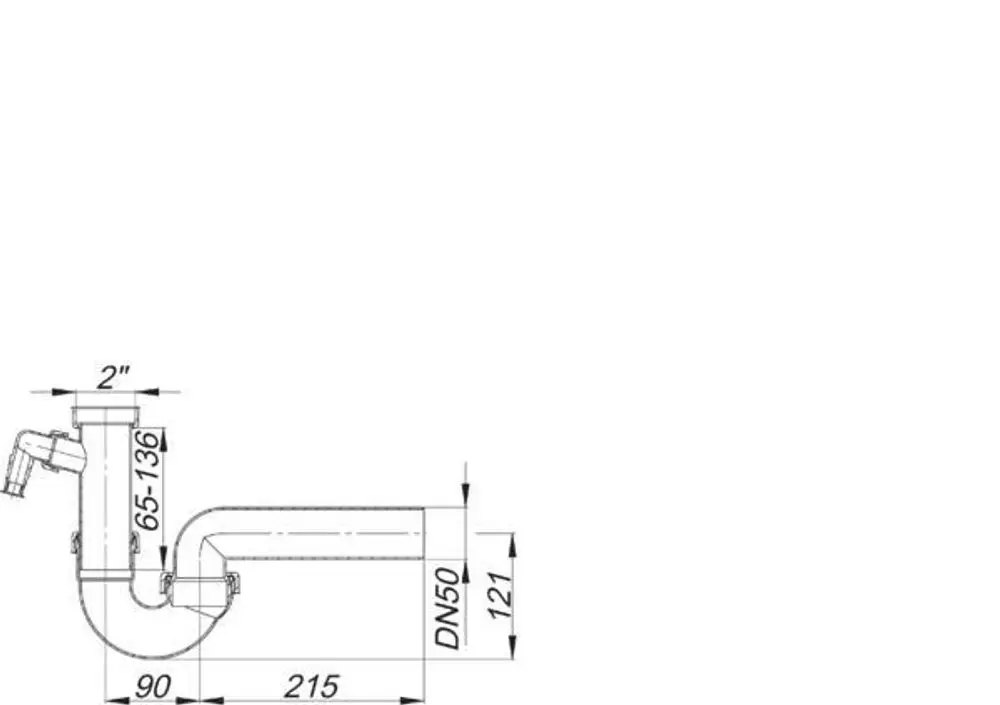 Röhren-Siphon von Dallmer, mit gebogenem Rohr und verschiedenen Anschlussmöglichkeiten. Bild zeigt technische Zeichnung mit Maßen und Anschlüssen.