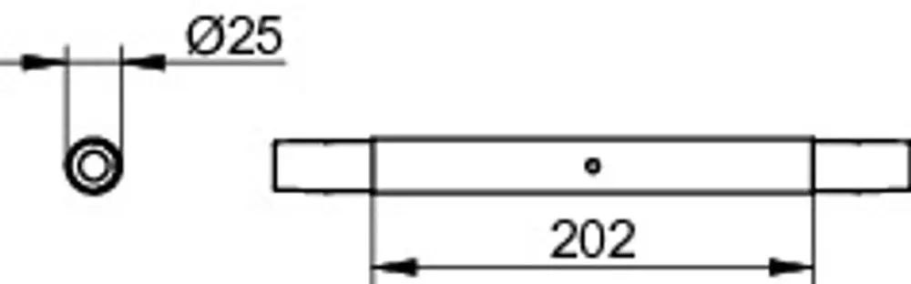 Verchromenes Verbindungsrohr von Keuco mit einem Durchmesser von 25 mm und einer Länge von 202 mm, dargestellt in einer technischen Zeichnung.
