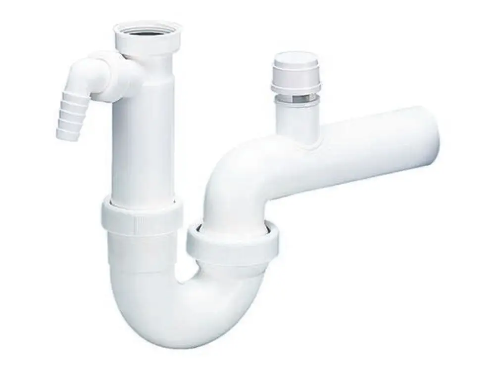 Weißer Siphon von Dallmer mit gebogenem Rohr und seitlichem Rohrbelüfter. Geeignet für Anschluss an sanitäre Einrichtungen.