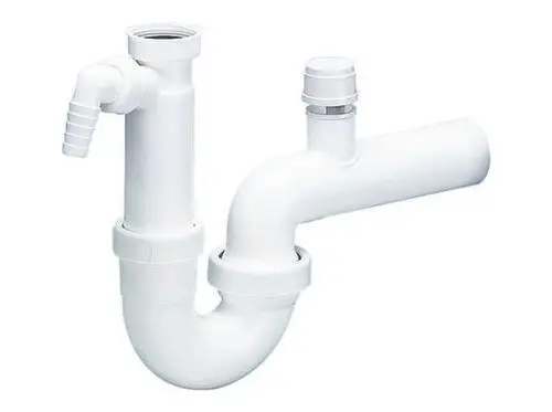 Weißer Siphon von Dallmer mit gebogenem Rohr und seitlichem Rohrbelüfter. Geeignet für Anschluss an sanitäre Einrichtungen.