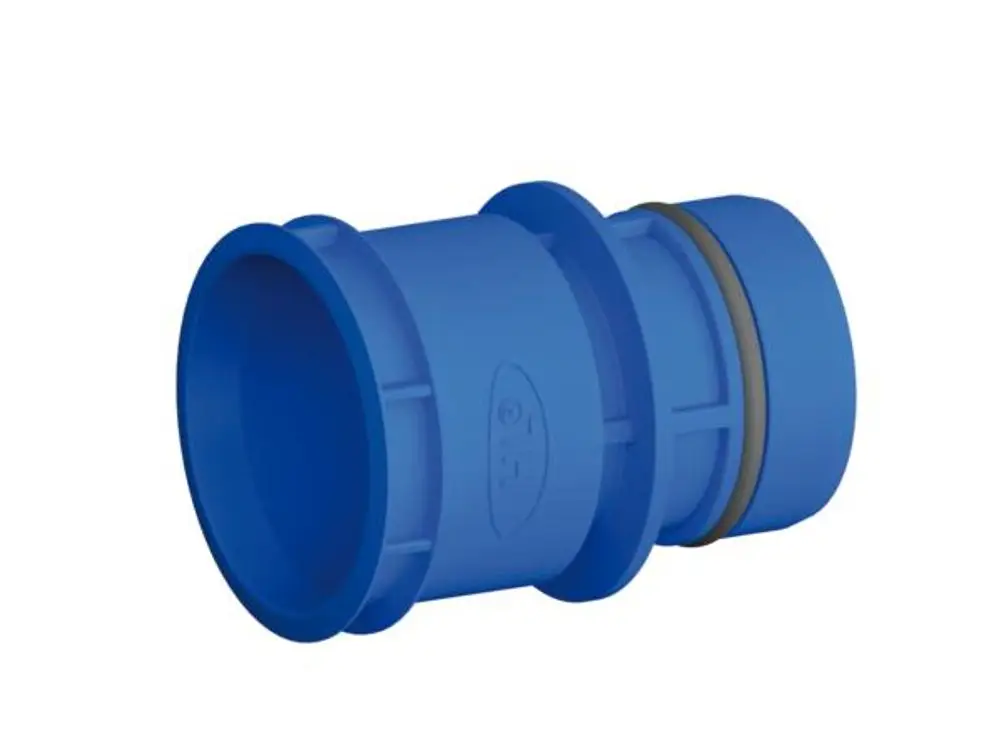 Blauer Anschlussadapter von Dallmer mit einer Gummidichtung und zwei verschiedenen Durchmessern, geeignet für Sanitärinstallationen.