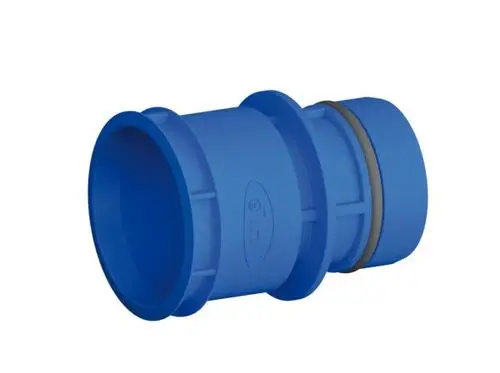 Blauer Anschlussadapter von Dallmer mit einer Gummidichtung und zwei verschiedenen Durchmessern, geeignet für Sanitärinstallationen.