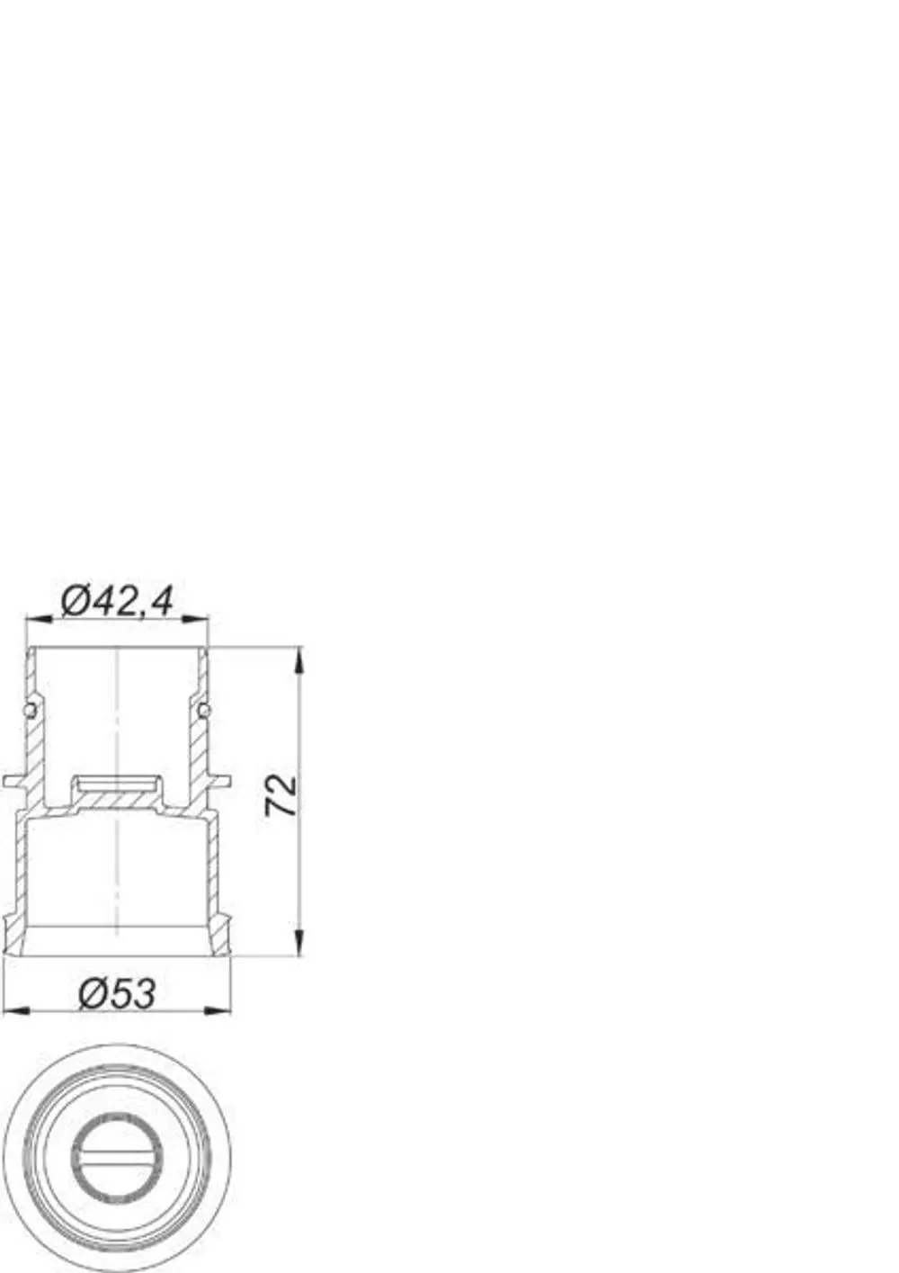 Dallmer Anschlussadapter in schematischer Darstellung mit technischen Maßen, zeigt einen zylindrischen Körper mit verschiedenen Durchmessern.