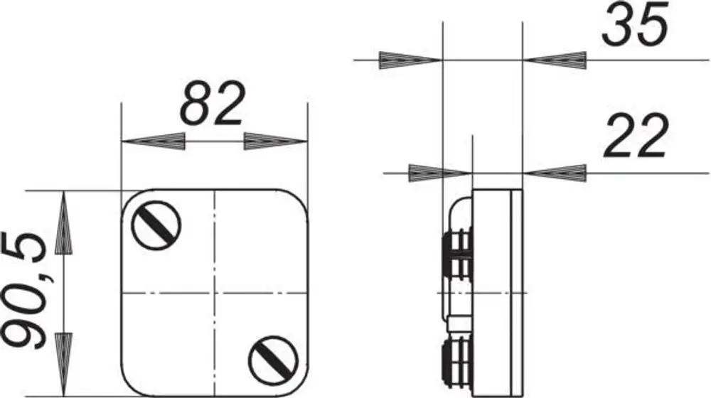 Dallmer Kondensat-Siphoneinsatz in quadratischer Form mit zwei Schraublöchern, abgebildet von oben und seitlich, zeigt Maße und Formdetails in technischer Zeichnung.