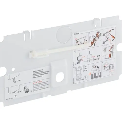 Weißes Montageplate für Geberit-Spülkästen mit Anleitung für die Installation und Einstellung. Enthält grafische Darstellungen und Beschriftungen zur Nutzung.