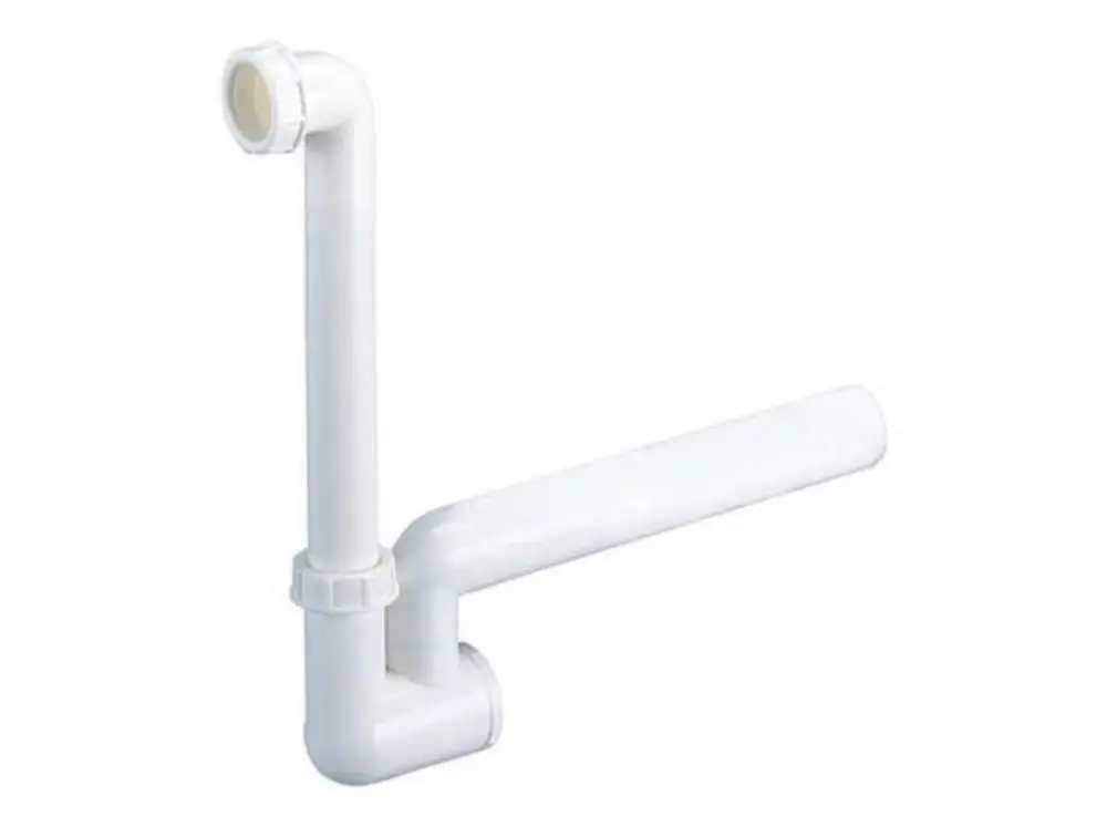 Weißer PVC-Kondensat-Siphon mit einer gebogenen Form und zwei Anschlüssen, hergestellt von Dallmer.