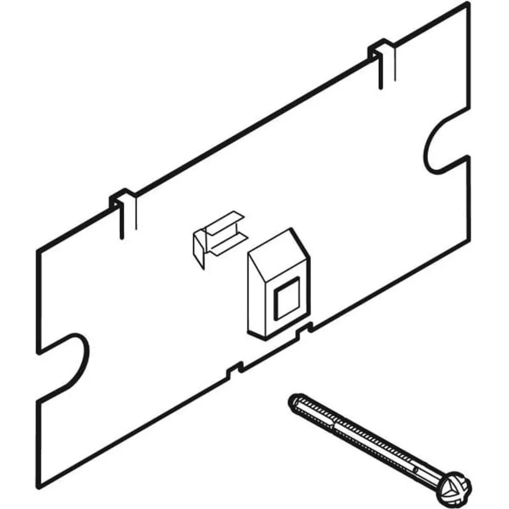 Schutzplatte von Geberit, dargestellt als rechteckige Platte mit Ausschnitten und integriertem Halterungsmechanismus, neben einem Befestigungsbolzen.