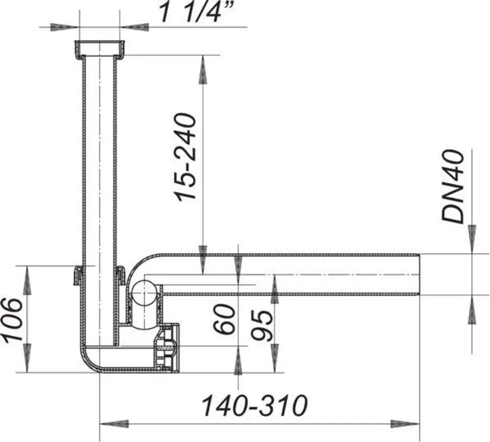 Dallmer Siphon mit geradem Verlauf, Ø 1 1/4 Zoll, bei 240 mm Höhe und seitlichem Abfluss. Zeichnung zeigt Maße und Details des Produkts.