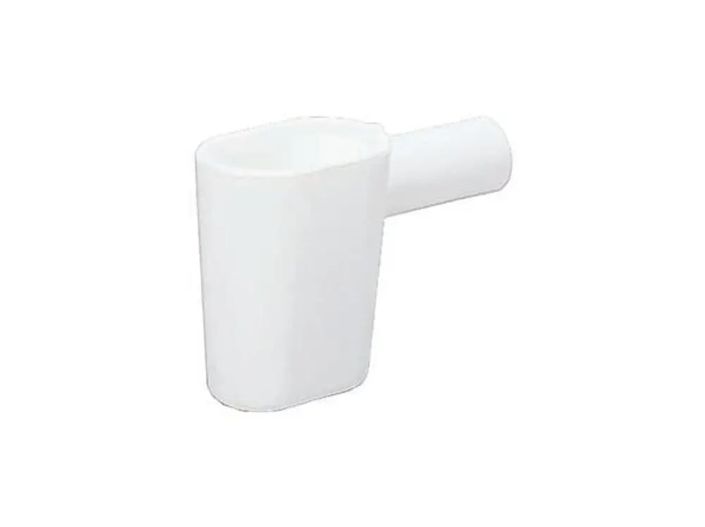 Weißer Siphon von Dallmer mit abgewinkeltem Ende und seitlichem Anschluss. Funktion zum Ableiten von Wasser, wobei eine Geruchsperre integriert ist.