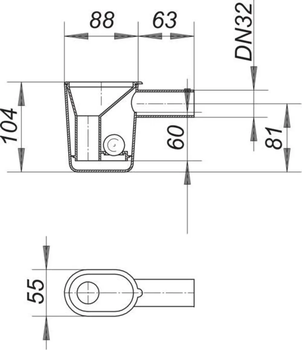 Dallmer Siphon mit Geruchsperre, Sicht von der Seite und oben, mit detaillierten Maßen und Anschluss für DN 32 Rohr. Zeichnung zeigt Profil und Abmessungen des Produkts.