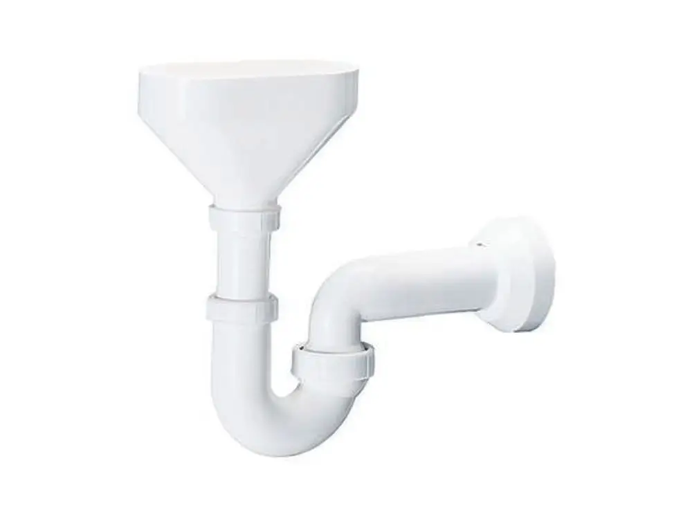 Weißer Siphon mit trichterförmigem Ende und gebogenem Rohr. Das Produkt ist für die Ableitung von Tropfwasser konzipiert und stammt von der Marke Dallmer.