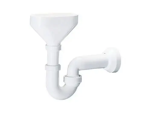 Weißer Siphon mit trichterförmigem Ende und gebogenem Rohr. Das Produkt ist für die Ableitung von Tropfwasser konzipiert und stammt von der Marke Dallmer.