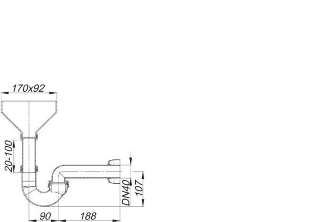 Dallmer Siphon für Tropfwasser mit trichterförmigem Eingang. Eine horizontale Kurve führt zum Anschluss, ausgestattet mit einem DN 40 Rohranschluss und weiteren Maßen.
