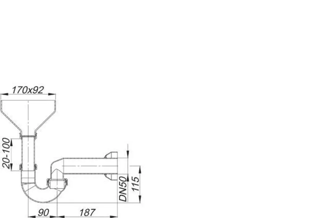 Siphon von Dallmer mit trichterförmiger Einspeisung und gebogenem Rohr. Abmessungen sind nicht angegeben, das Produkt zeigt eine Standardkonstruktion für Tropfwasser.