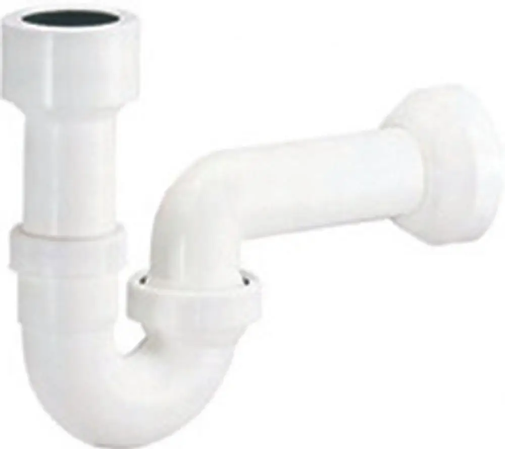 Weiße Kunststoff-Siphon-Konstruktion von Dallmer mit einem gebogenen Rohr und zwei Verbindungsstellen. Geeignet für Abflussanwendungen.
