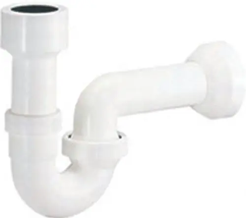 Weiße Kunststoff-Siphon-Konstruktion von Dallmer mit einem gebogenen Rohr und zwei Verbindungsstellen. Geeignet für Abflussanwendungen.