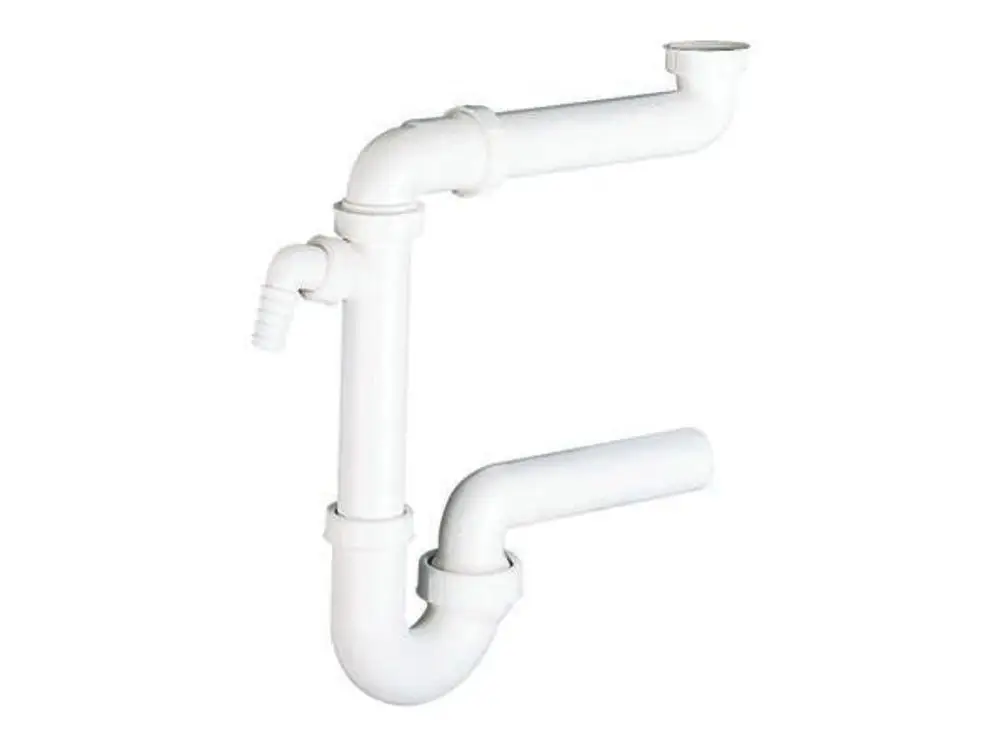 Weißer Siphon mit mehreren Bögen und Anschlüssen für Abwasseranschlüsse, gefertigt von Dallmer. Ideal für platzsparende Installationen im Küchen- oder Badbereich.