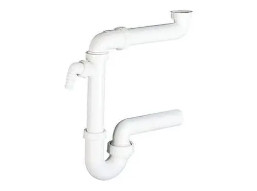 Weißer Siphon mit mehreren Bögen und Anschlüssen für Abwasseranschlüsse, gefertigt von Dallmer. Ideal für platzsparende Installationen im Küchen- oder Badbereich.