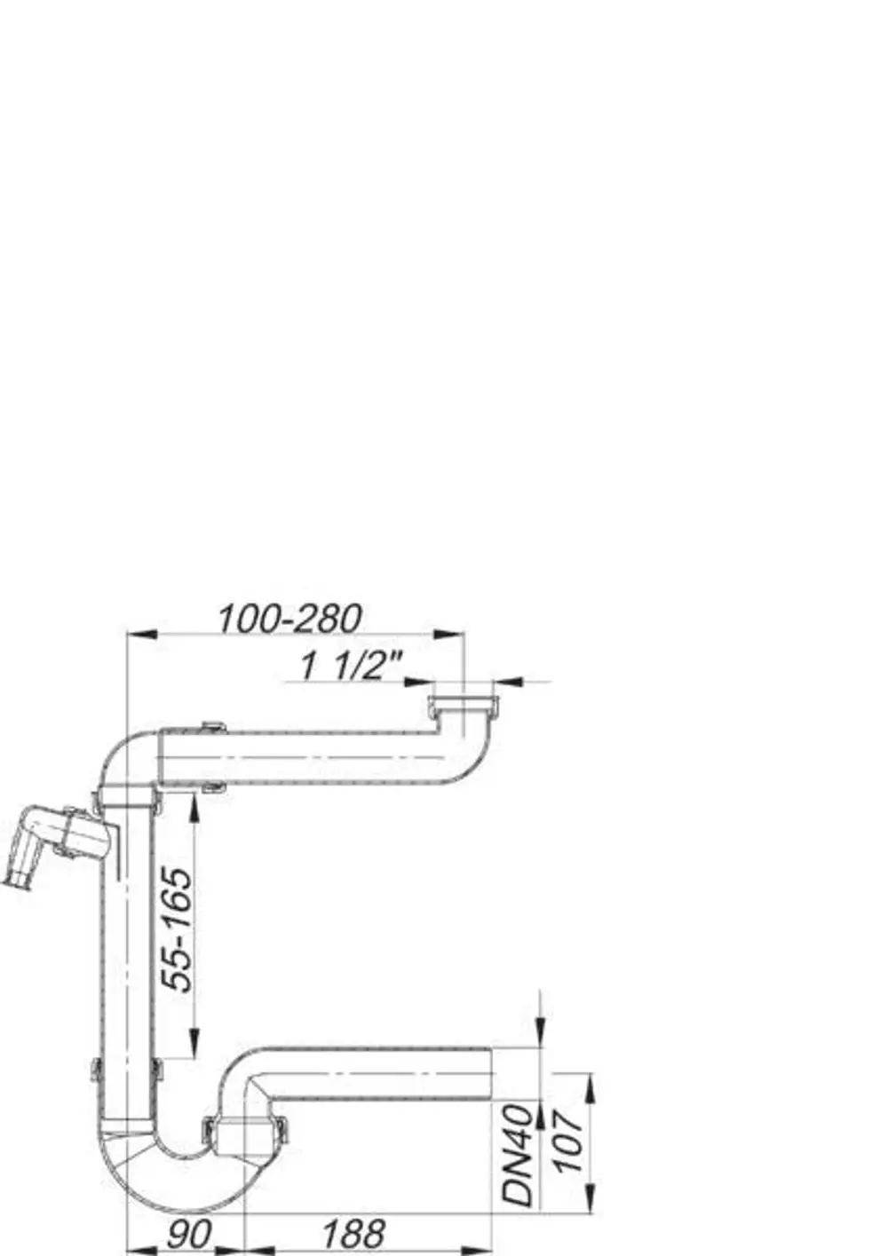 Dallmer Siphon mit gewinkeltem Design, hergestellt aus Metall, beinhaltet Verbindungen für Abwasserleitungen. Maße sind nicht spezifiziert.