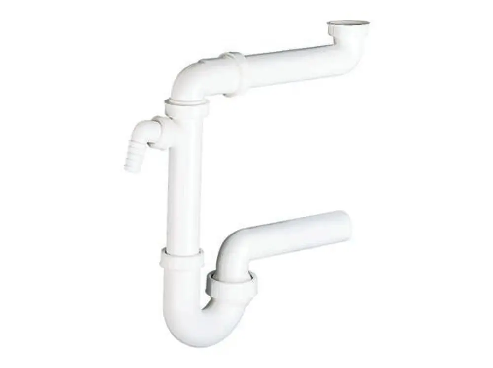 Weißer Raumspar-Siphon von Dallmer mit mehreren Bögen, der eine flexible Anordnung für Abwasserleitungen ermöglicht.