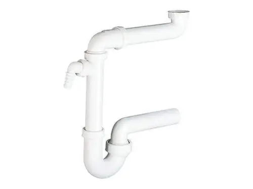 Weißer Raumspar-Siphon von Dallmer mit mehreren Bögen, der eine flexible Anordnung für Abwasserleitungen ermöglicht.