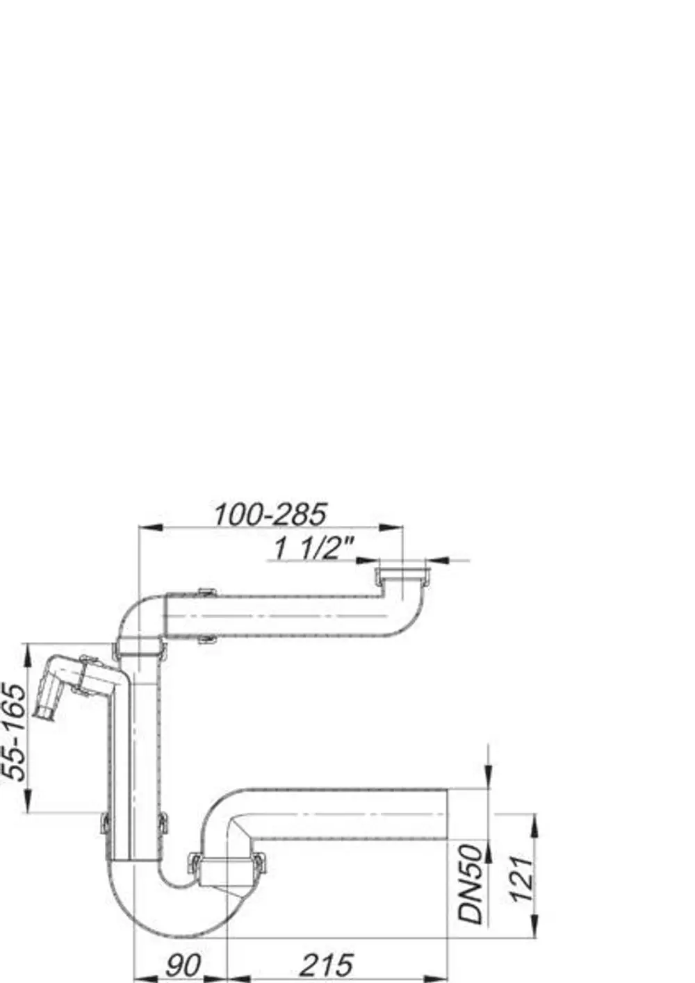 Dallmer Siphon mit mehreren Rohrbögen, Abflussleitung und unterschiedlichen Anschlussmöglichkeiten, skizziert mit Maßangaben und Durchmesser.