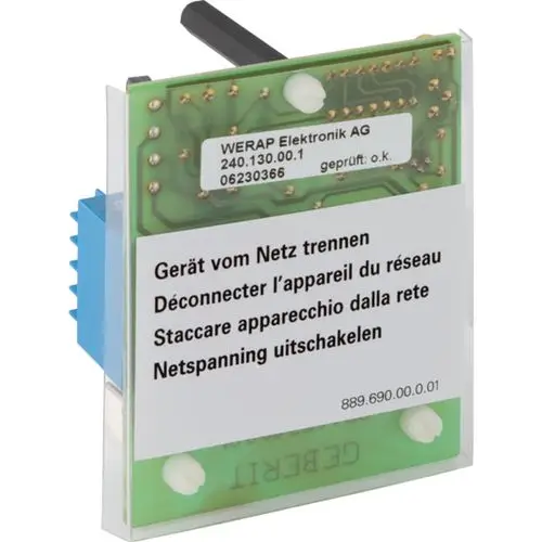 Leiterplatte mit elektronischen Bauteilen von Geberit, beschriftet mit mehrsprachigen Sicherheitshinweisen zur Trennung vom Netz.