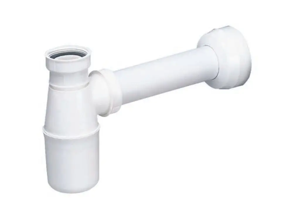 Weißer Siphon von Dallmer mit einem geschwungenen Design und mehreren Verbindungsteilen, geeignet für Abflussrohre in Sanitärinstallationen.