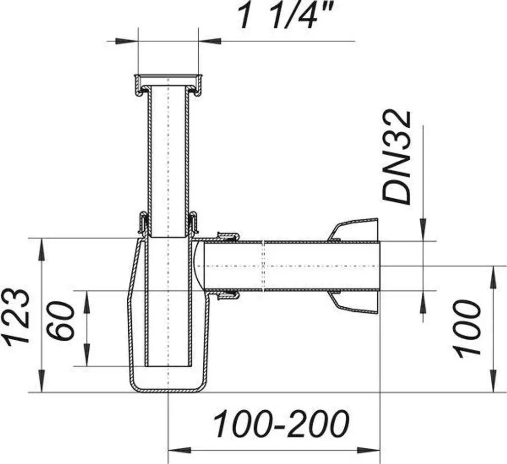 Dallmer Siphon mit zwei Anschlussstücken, schematische Darstellung, Maße und Details sind deutlich eingezeichnet, einschließlich Abfluss- und Durchmesserangaben.