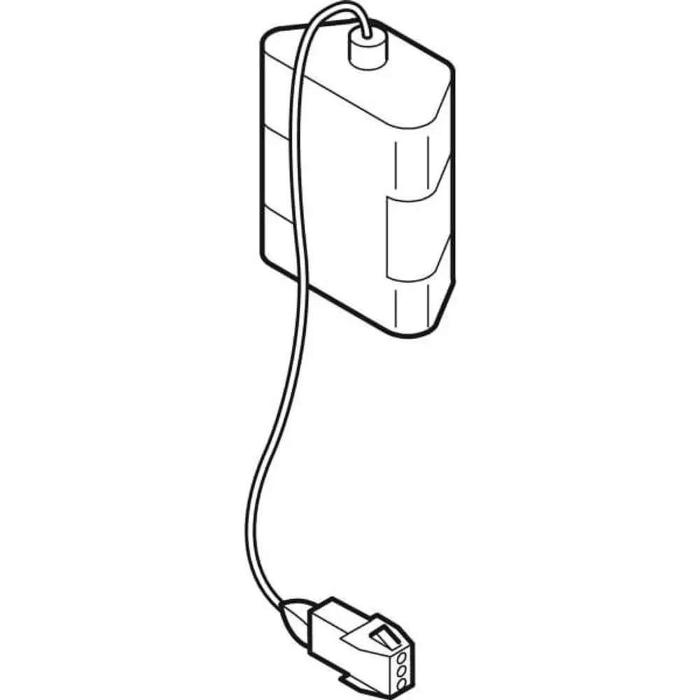 Lithium-Batteriesatz von Geberit mit Kabel, das an eine Anschlussdose führt. Das Bild zeigt die Form und den Anschluss des Akkus klar und einfach.