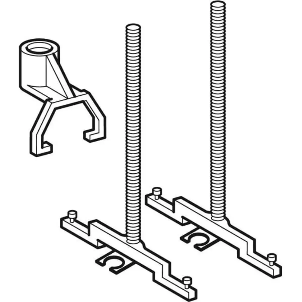 Geberit Umbauset mit zwei abgestuften Schrauben und einer Halterung, geeignet für Spülkästen. Komponenten in schematischer Darstellung.