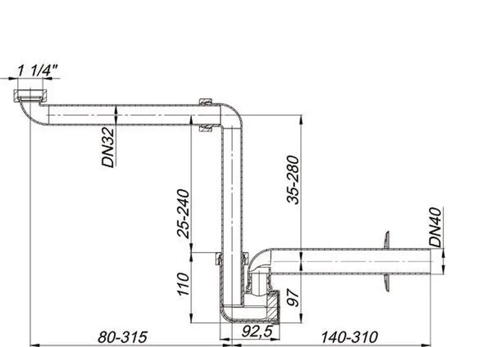 Dallmer Waschtischsiphon in Rohrform mit verschiedenen Durchmessern und Abmessungen. Sichtbare Anschlüsse und Auslass in einem technischen Design.