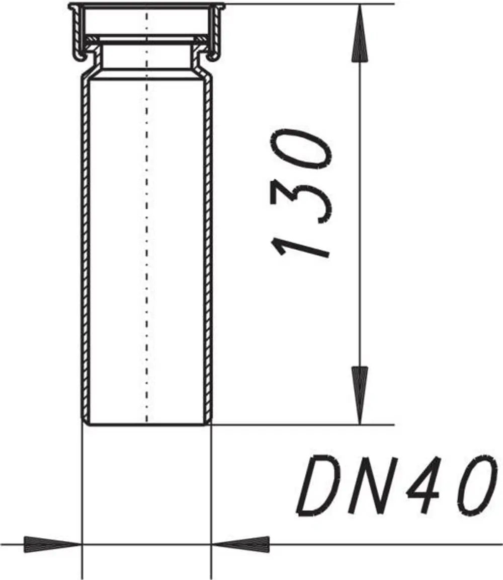 Dallmer Tauchrohr mit zylindrischer Form, oben offene Verbindung, abgebildet in seitlicher Draufsicht mit Maßangaben und DN 40.