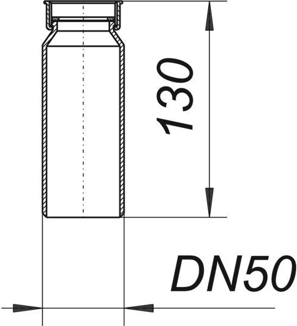 Dallmer Tauchrohr mit zylindrischer Form, einschließlich Maßangaben, DN 50 und einer Gesamthöhe von 130 mm. Technische Zeichnung mit klaren Abmessungen.