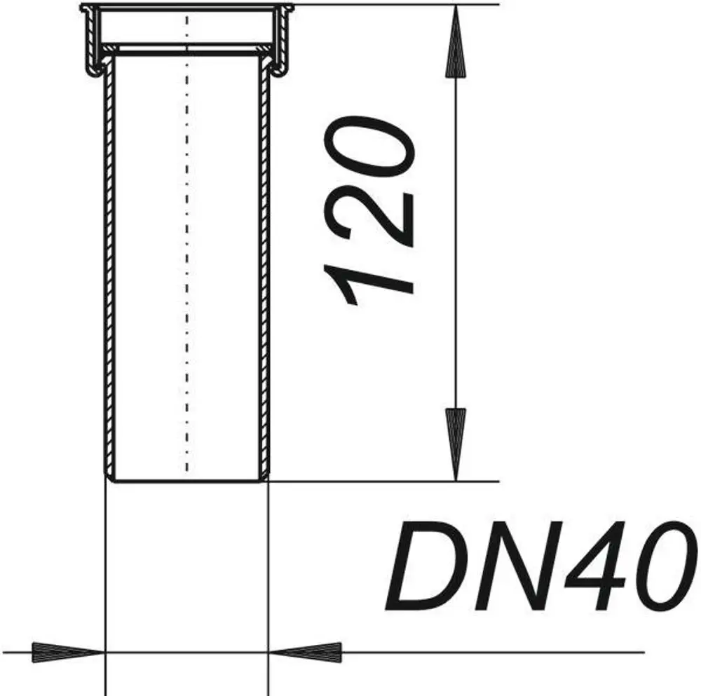 Dallmer Tauchrohr in einem technischen Diagramm, mit einem Durchmesser von DN40 und einer Länge von 120 mm, dargestellt durch eine schematische Zeichnung.