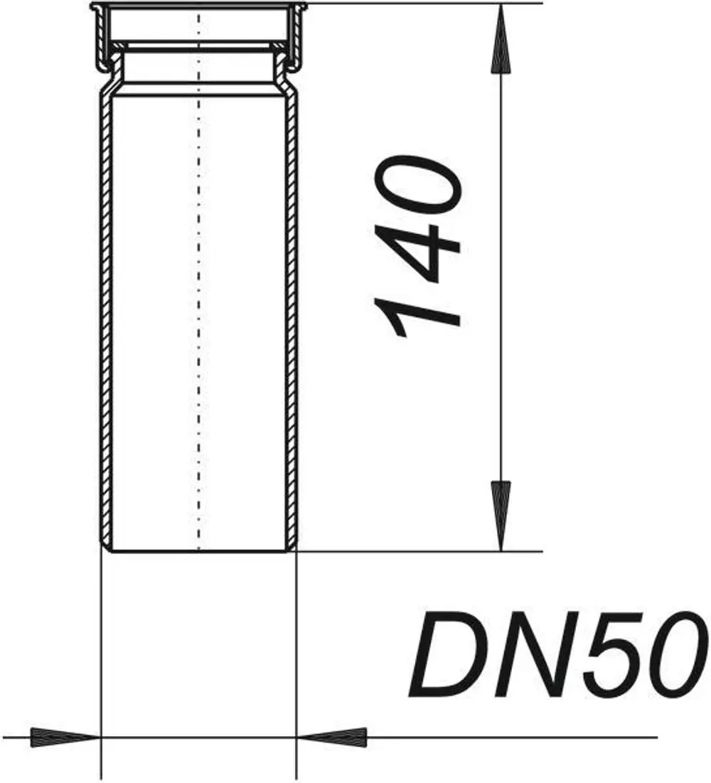 Dallmer Tauchrohr, zylindrische Form, sichtbare Verbindungslinie oben, Durchmesser und Höhe angedeutet, untere Seite mit DN50-Kennzeichnung.