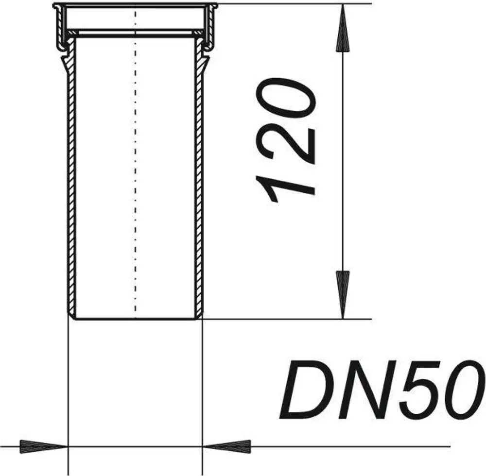 Dallmer Tauchrohr mit gerader, zylindrischer Form, mit einer Gesamtlänge von 120 mm und einem Anschluss von DN 50. Technische Zeichnung zur Dimensionierung vorhanden.